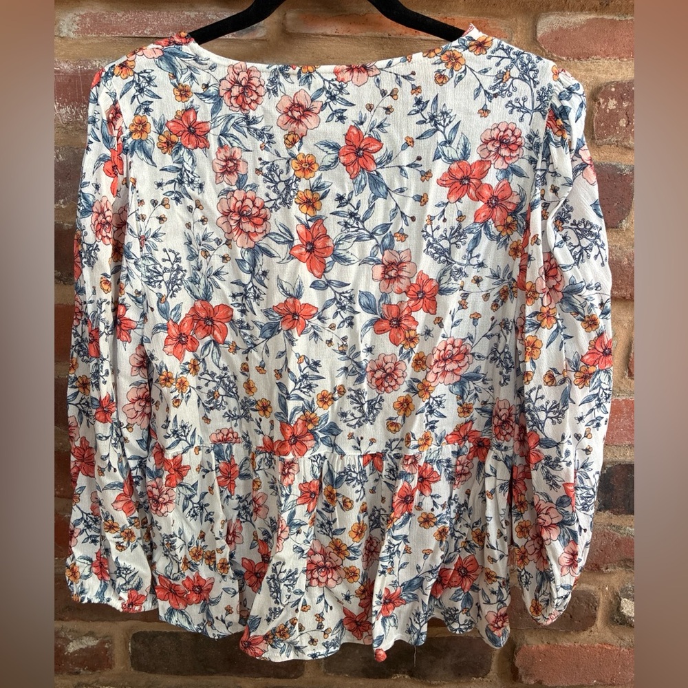 Lucky Brand Floral Peasant Blouse - White with Coral & Navy - Picture 3 of 3